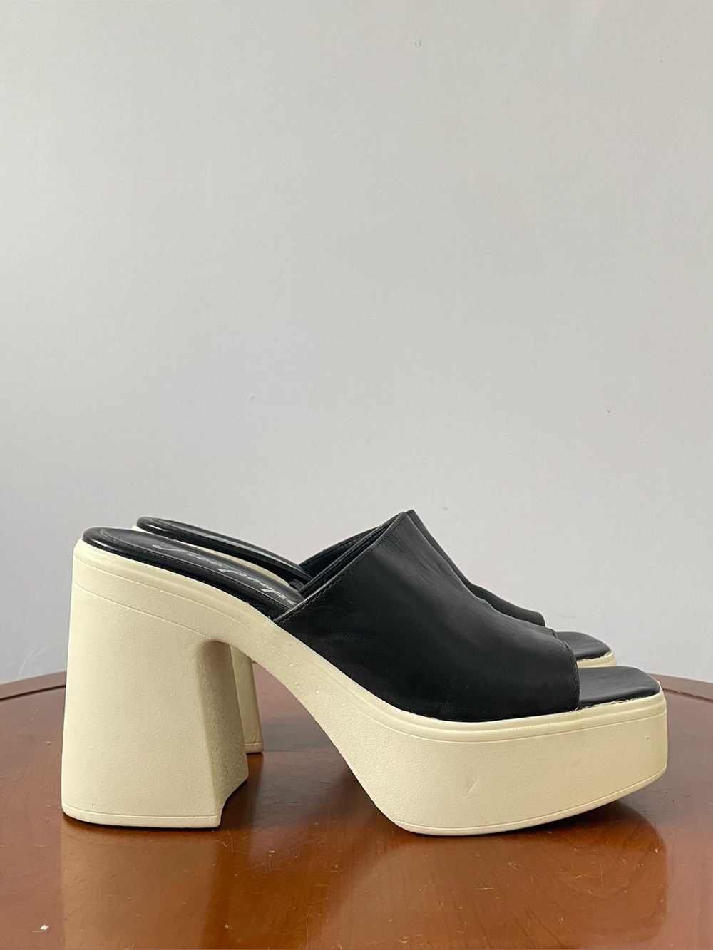 Free People Black Leather Platform Mule Sandals with Cream Block Heel - Picture 3 of 6